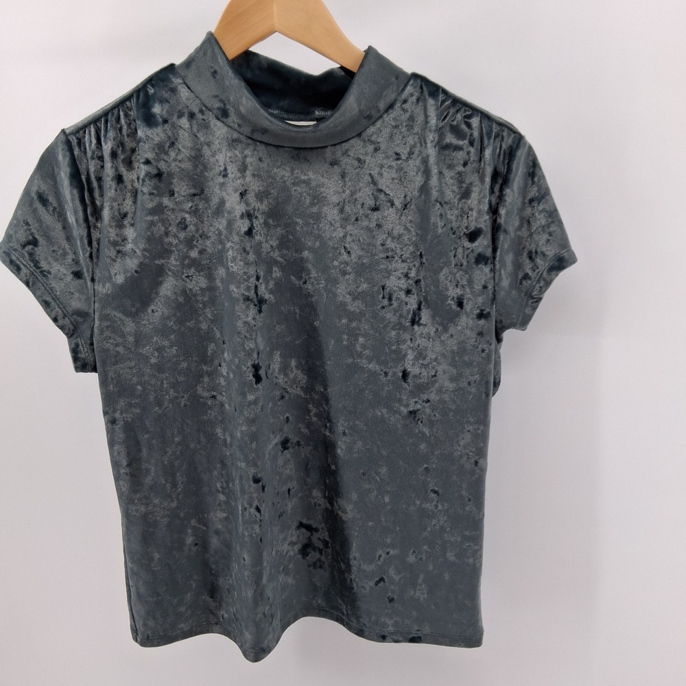 A New Day Womens XL Velvet Mock Neck Short Sleeve Steel Blue Top Whimsigoth Goth